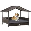 Wicker Dog Bed Outdoor, with Rattan Canopy, Elevated & Cushioned PE Rattan Dog / Cat House with Sleeping Pad, Gray