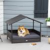 Wicker Dog Bed Outdoor, with Rattan Canopy, Elevated & Cushioned PE Rattan Dog / Cat House with Sleeping Pad, Gray